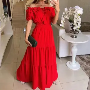 Women's Chic Pull-On Off-Shoulder Short-Sleeve Flowy A-Line Casual Maxi Sun Dress, Casual Wear Style for Daily Outings, Vacation