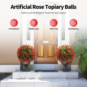 2PC Red Rose Artificial Topiary Ball Trees with Ground Stakes - Spring Outdoor/Indoor Garden Decor, Outdoor Artificial Plants, UV Resistant Faux Shrubs for Porch Patio Yard
