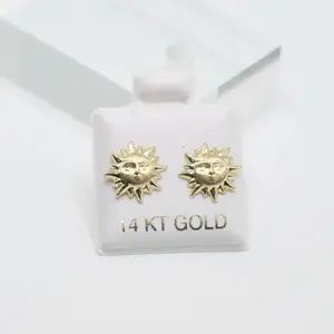14K Gold Sunburst Face Stud Earrings - Textured Celestial Sun Small Dainty
