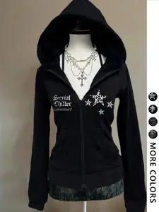 Women's Vintage Punk Streetwear Outerwear Jacket, Y2K Style Casual Leopard Star Print Graffiti Sweatshirt, Slim Fit Long Sleeve Hoodie with Zipper, Fall & Winter Chic Fashion Sweatshirts
