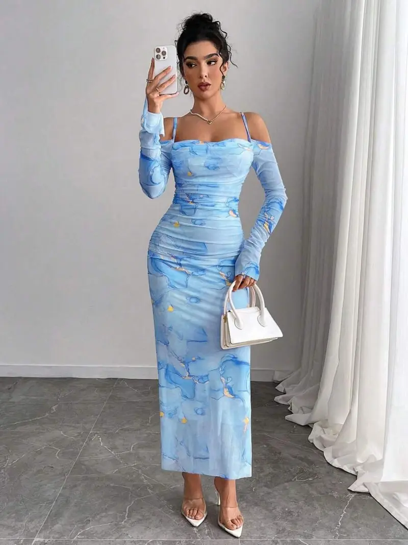 blue jeans dress code Mac Duggal Women's Embellished Long Flare Sleeve Mesh A-Line Dress - Blue - Size 8