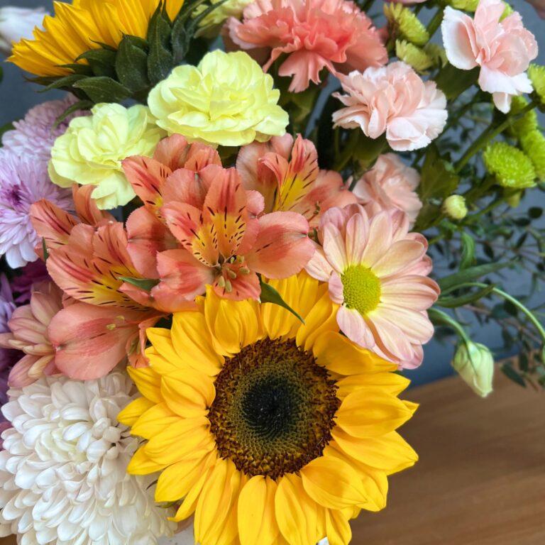 Sunny Side Bloom - Radiant Floral Arrangement with Sunflowers Pink Roses Daisies & Pastel Blooms for Brighten Your Day