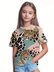 Fashion Wild Leopard Patchwork 3D Digital Print Summer Girls' Clothing, Casual Fitted Long Sleeve, Ideal Gift for Active Kids