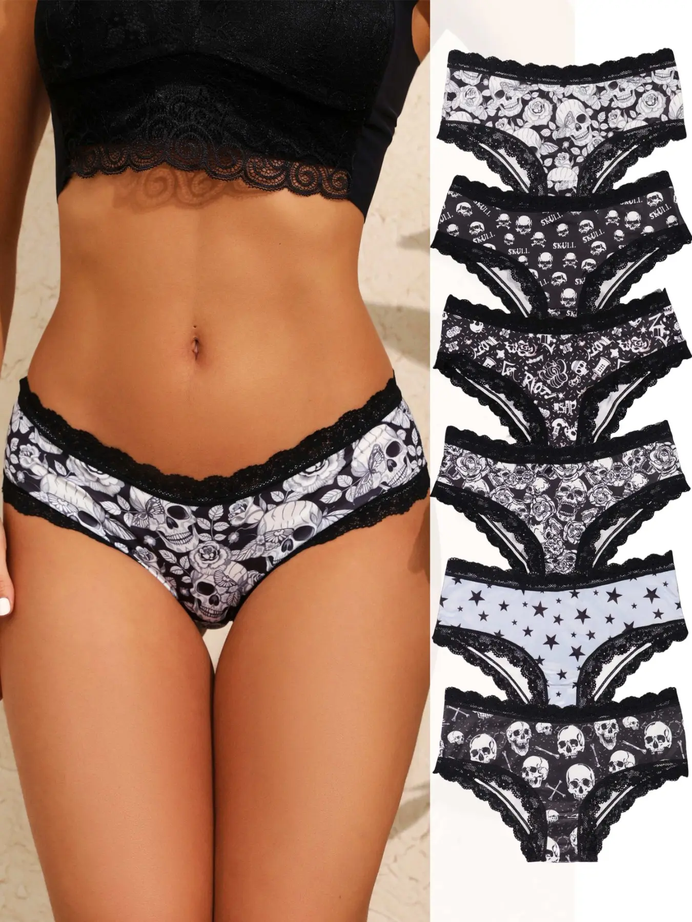6-Pack Women's Sweet Gothic Print Briefs, Sexy Black Lace Trim Knickers, Stretchy Comfortable Fitted Panties Set, Cute Fashion Lingerie Multipack, Casual Elegant Underwear, Casual Comfy Panty