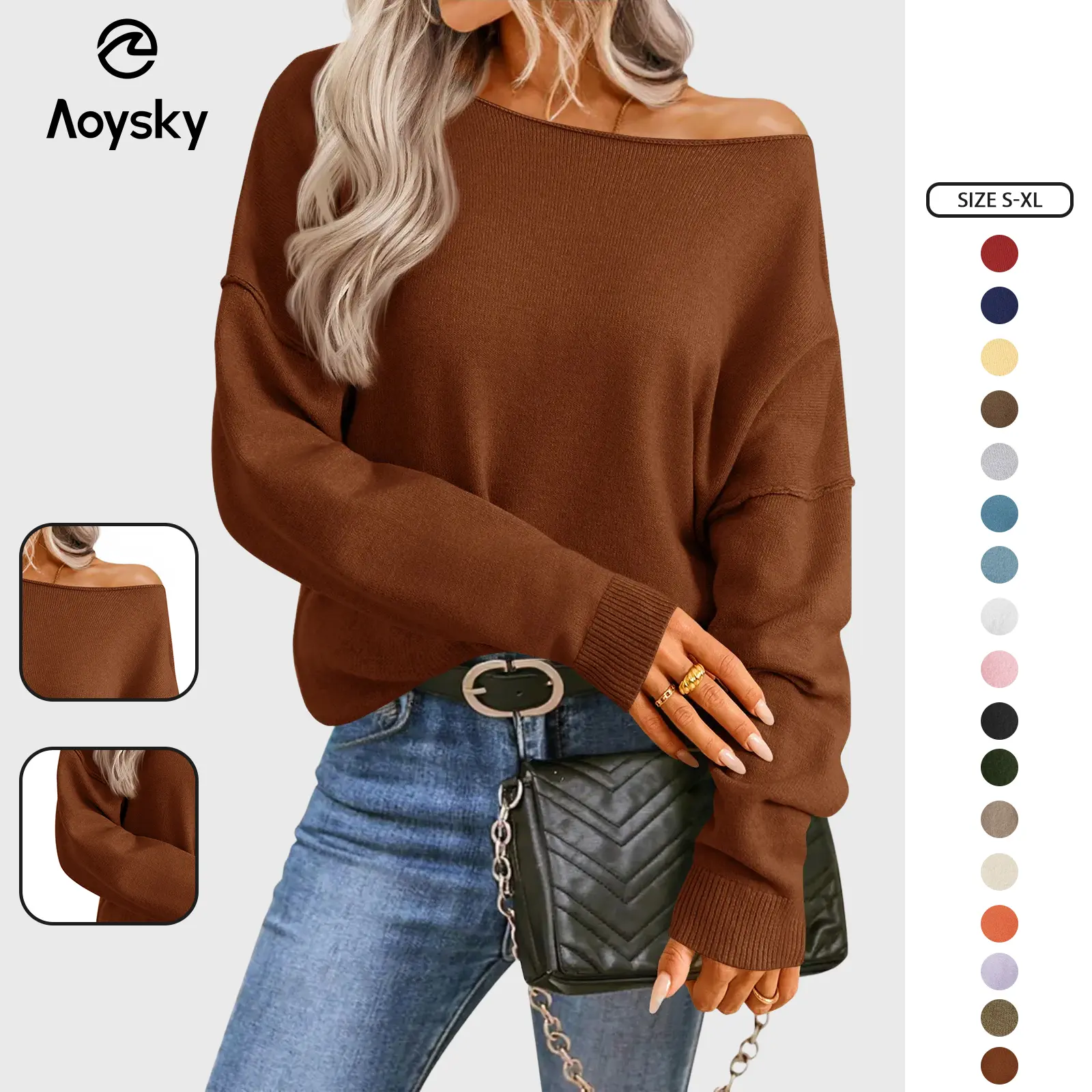 Aoysky Women's Off-The-Shoulder Boat Neck Long Sleeve Knit Pullover, Casual Loose Batwing Tops for Party, Work, Thanksgiving, Basic, Valentines Day, Casual Wear