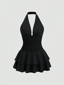 Black Knit & Woven Patchwork V-Neck Ruffle Backless Mini Dress With Ruched Waist, Simple & Elegant For Vacation Casual Daily Wear, Spring/Summer For Women