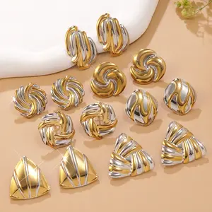 Unisex Chunky Geometric Stud Earrings - Stainless Steel Electroplated, Multiple Shapes, Women's Statement Costume Jewelry