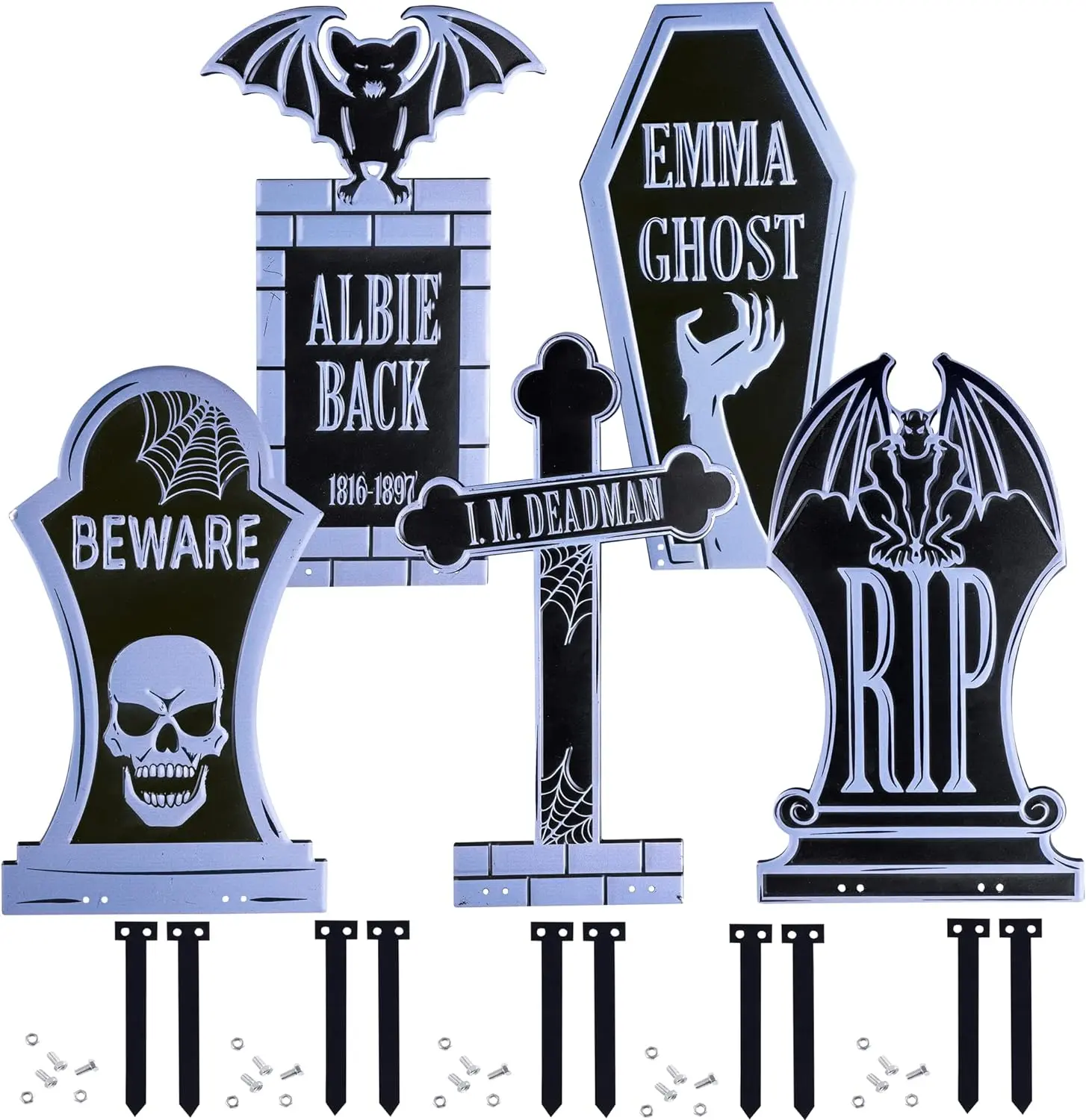 3D Metal Tombstone (5 Designs)- (16.75 Tall w Stakes)-Durable, Weatherproof, UV Printed-Upgrade Your Cemetery Graveyard Lawn Decor-No More Flimsy Foam Headstones