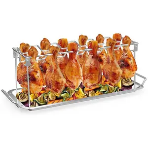 Foldable Stainless Steel Chicken Leg Rack with Grill Tray, Utensils, Standing BBQ Grill, Even Heating, No Oil Dripping, No Burning, Portable, BBQ Grill Accessories
