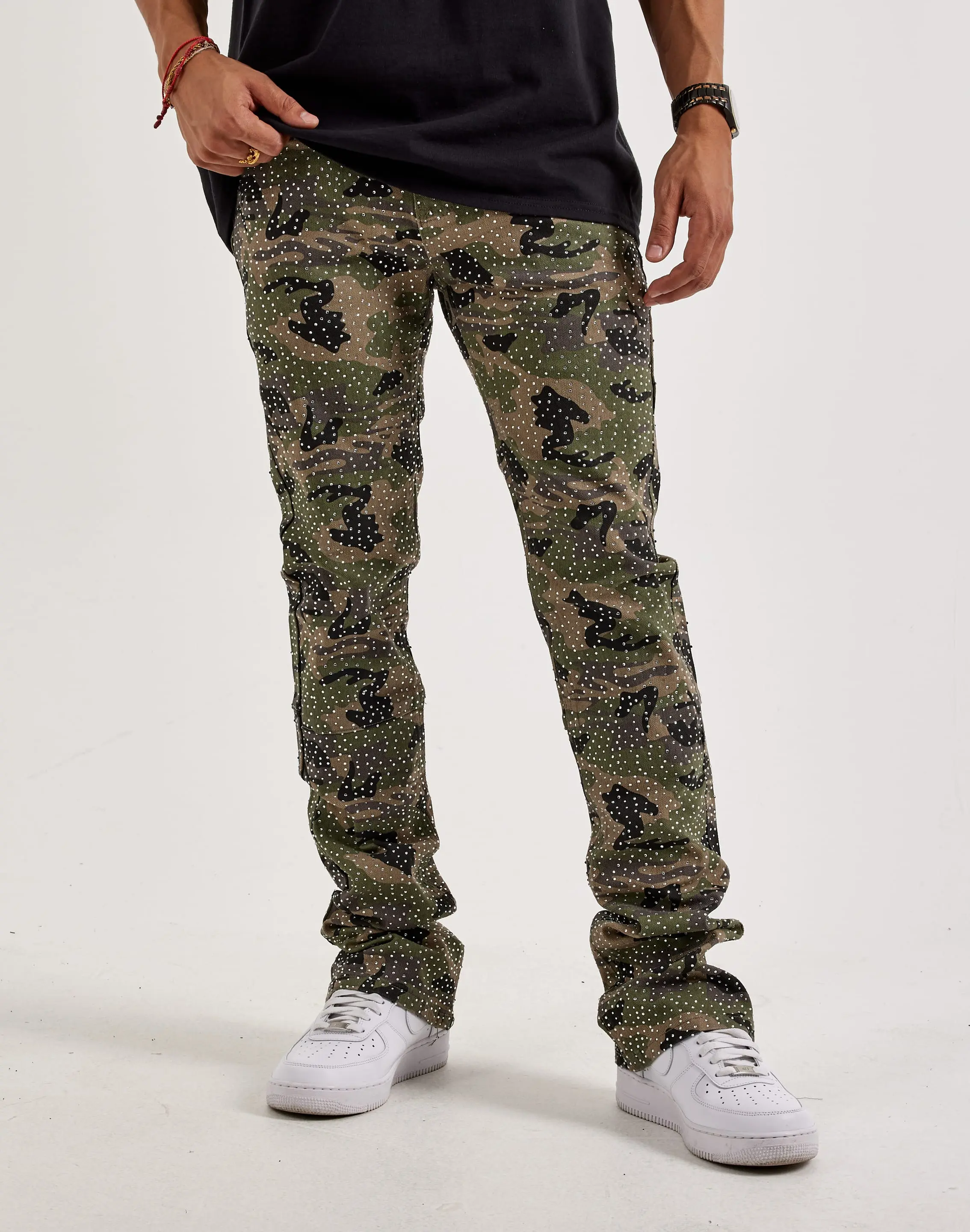 Mens WAIMEA Stacked Flared Camo Rhinestone Denim Jeans