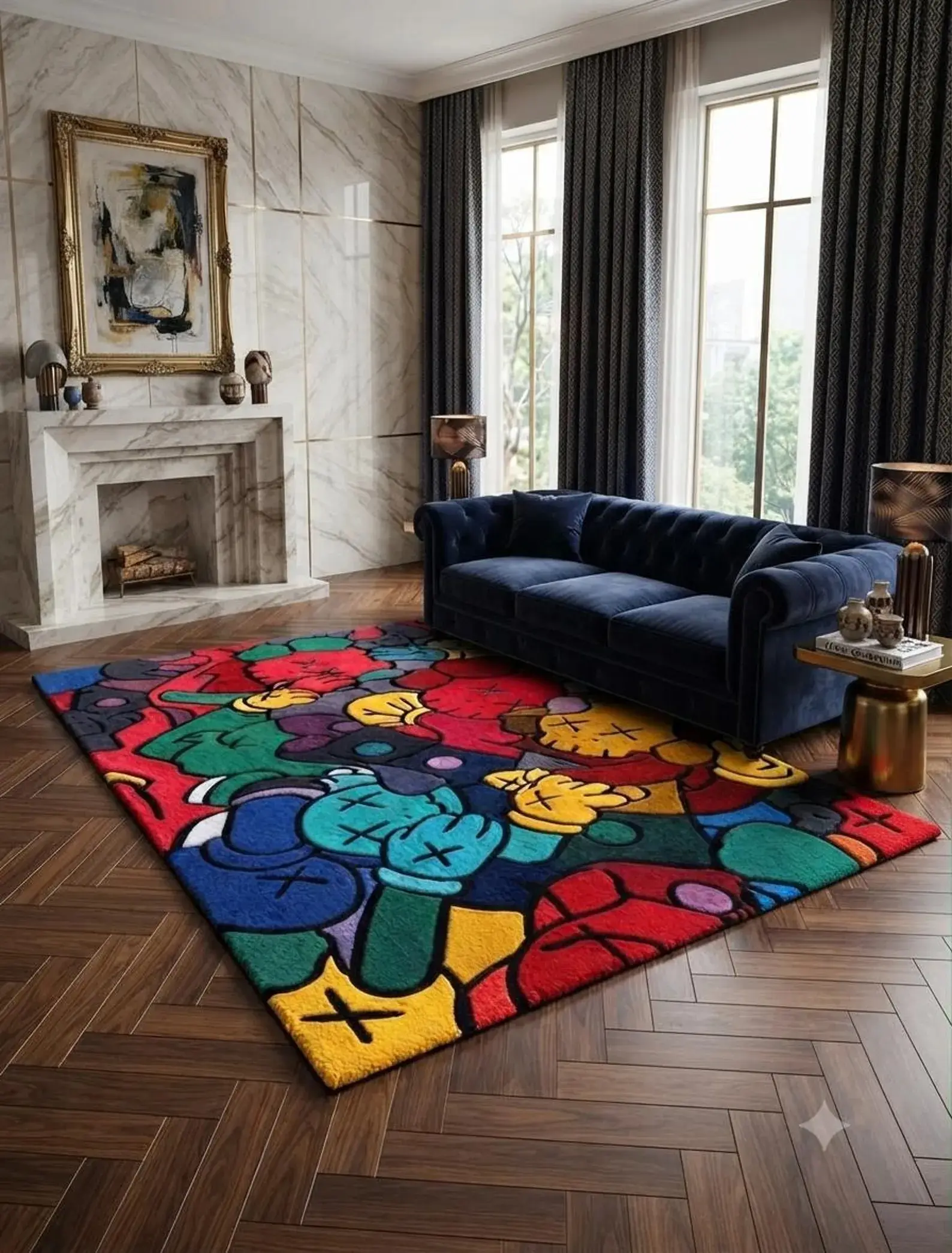 Handmade Tufted Wool Colorful Pop Art Abstract Character Area Rug - Modern Designer Statement Carpet for Living Room