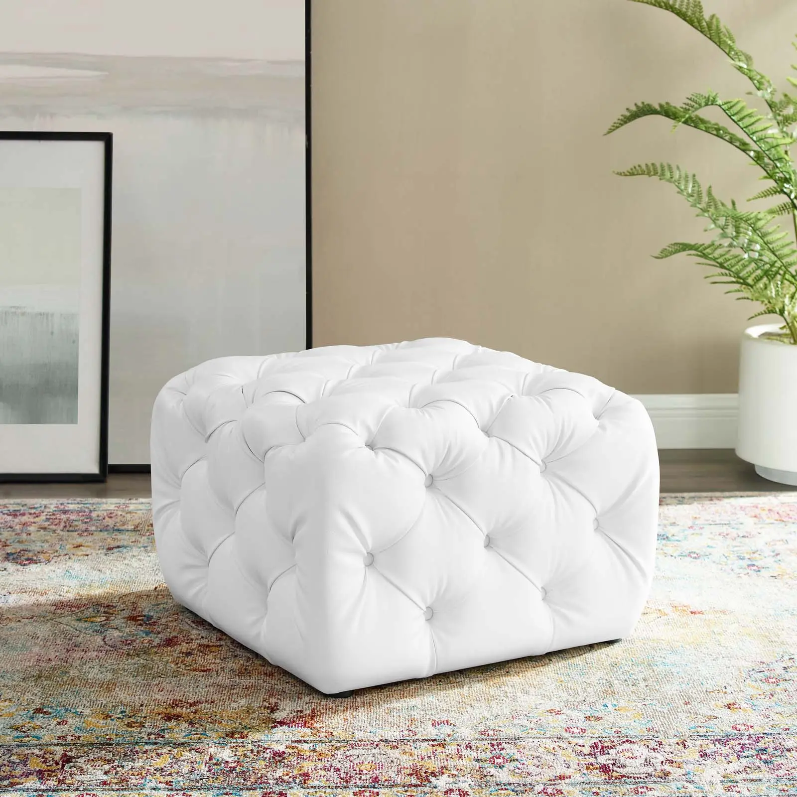 Modway Amour Modern Furniture Tufted Button Square Faux Leather Indoor Ottoman Stool-Bench - White Footstool with Dense Foam, Glamorous Look for Lounge Use, Square Shape