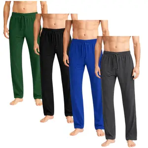 Men's 4-Pack Lightweight Pajama Pants Open Bottom Loose Fit Sleepwear Breathable Cotton-Blend Lounge Pants with Pockets Relaxed Fit Pajama Bottoms Bulk Value Set Soft Everyday Sleep Trousers Classic Straight-Leg Cut - Fabric