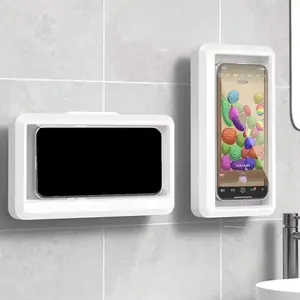 Waterproof Wall Mounted Phone Holder Box for Smartphone Touch Screen Shower Sealed Storage Pink Home Use Cellphone Stand
