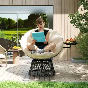 360° Swivel Outdoor Papasan Chair, 39" Overstuffed Circle Chair with Side Tray, Thick Cushion for Indoor Patio, Beige