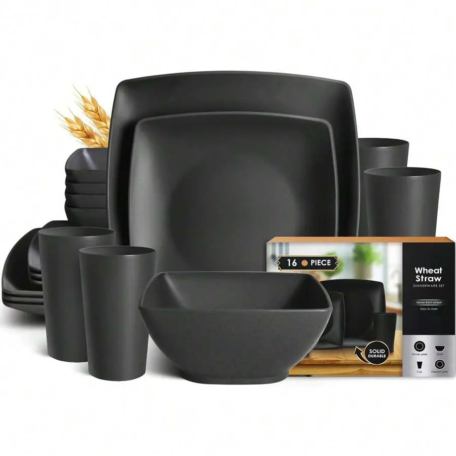 16-Piece Plastic Wheat Straw Square Dinnerware Set For 4, Unbreakable Dinner Plates, Salad Plates, Snack Bowls, Tumblers 13.5 Oz, Dishwasher , Kitchen Outdoor Camping,Black.