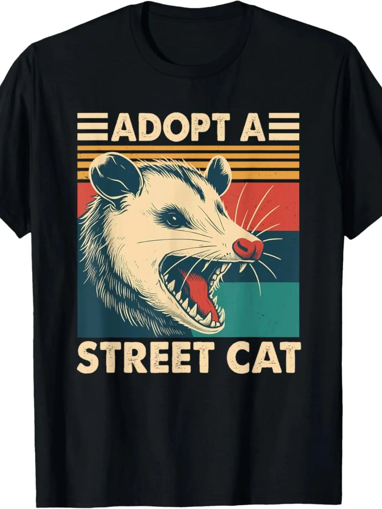 Funny Opossum Adopt A Street Cat Slogan T-Shirt - unisex soft cotton short sleeve t shirt, vintage graphic casual tee for men women teens, perfect birthday holiday gift for camping travel gym daily street casual wear