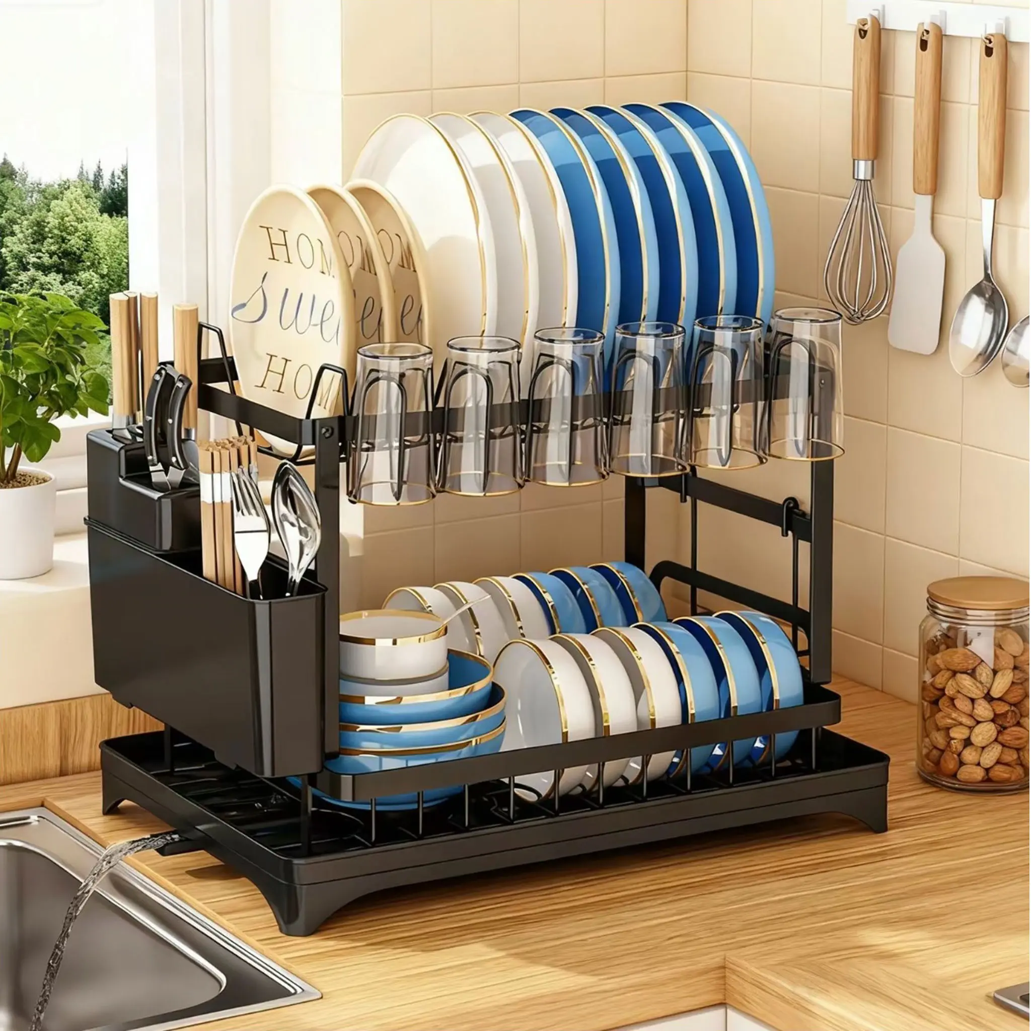2-Tier Stainless Steel Kitchen Counter Dish Drying Rack with Drainboard, Hanging Installation Option, Knife Organizer, Metal Drain System, Utensil Storage Holder, Black Home Organizer