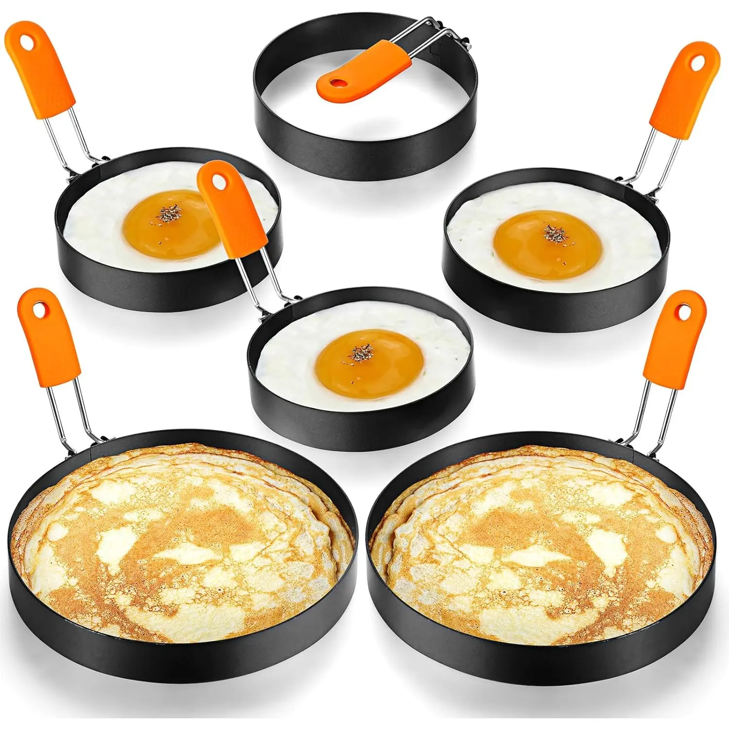 6 Pcs Professional Stainless Steel Nonstick Egg Ring Pancake Mold Set, Kitchen Utensils with Orange Silicone Handles for Breakfast Omelette, Sandwich
