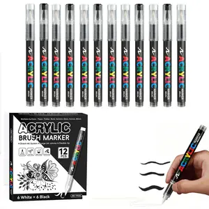 12 Pack Soft Tip Acrylic Markers, Student Art Highlight Pens, Kids DIY Drawing Pencils, Canvas Rock Wood Glass Ceramic Fabric Painting, Brush Marker Pen, Flexible Tip Marker