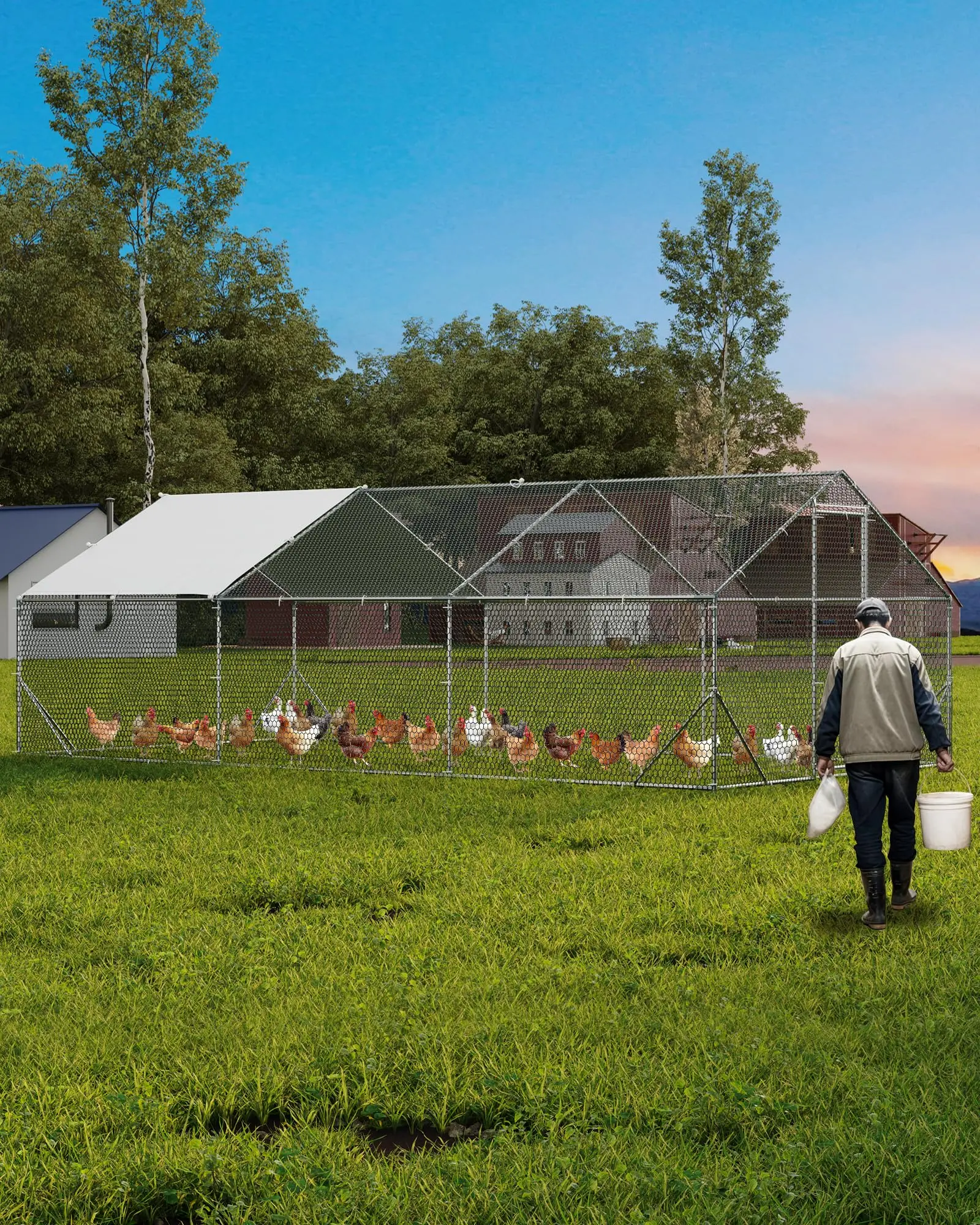 Large Metal Chicken Coop, Chicken Run for 20/30 Chickens, Outdoor Walk in Poultry Cage with Anti-UV Cover and Waterproof, 19.68 x 9.84 x 6.56 ft