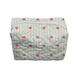 Heart And Stripes Green Quilted Makeup Bag