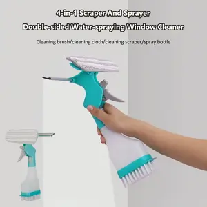 4 in 1 Window Cleaning Scraper Cotton Brush Spray Car Windshield Cleaner Bathroom Mirror Glass Cleaning Brush Squeegee Silicone Microfiber Wipe Multifunctional Household Cleaning Tool Home Essentials