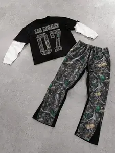 Men's Letter & Figure Print 2 in 1 Tee & Camo Tree Branch Print Pants Set, Casual Long Sleeve Round Neck Top & Trousers, Men's 2 Piece Set,  Men's Spring & Fall Clothes