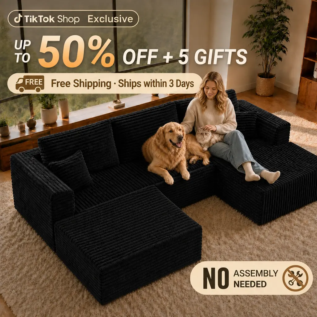 【Ships in 2 Boxes】Plush Corduroy Modular Boneless Sofa, Available in 118" & 92.5", Extra Deep Seat, No Assembly Needed, Pet-Friendly, Low Odor, Mold Resistant