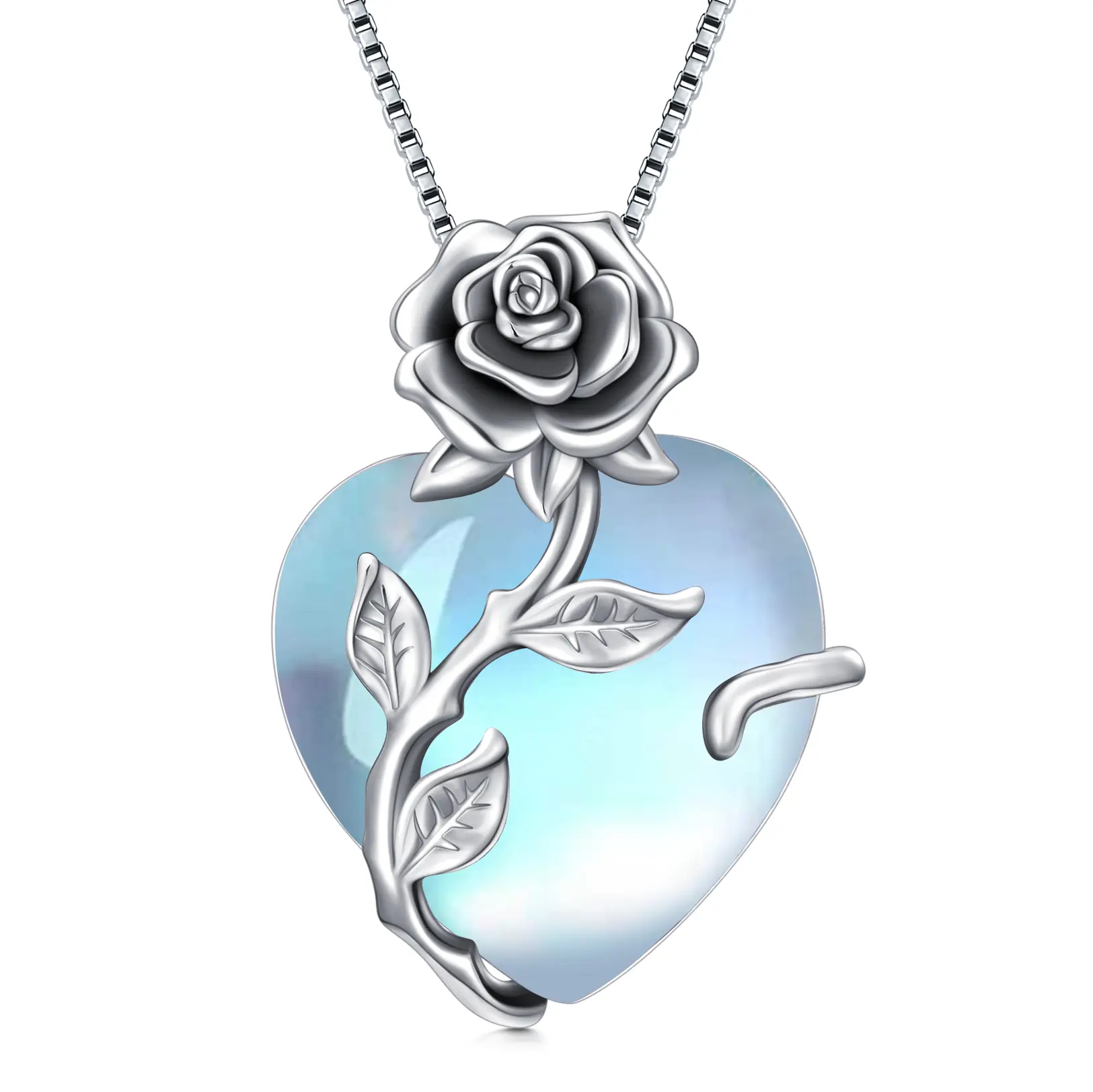 Created Moonstone Necklace,s925 Sterling Silver Heart Rose Flower Pendant June Birthstone Jewelry Gifts for Women Ladies Mom Her Girlfriend Valentines Day Birthday Anniversary Presents Gifts Ideas b0