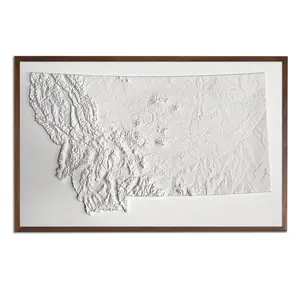 White 3D Raised Relief Map of Montana, Educational Office Stationery with Glacier National Park, Great Plains Topography for Interior Decor