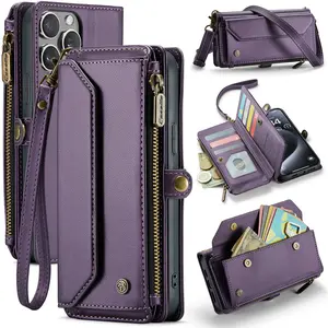 Multi-Slot Card Holder with Lanyard for iPhone 17 Pro Max, Apple 15 Pro Max Case, 16 Plus Leather Cover, Soft Shell, Zipper Phone Pouch
