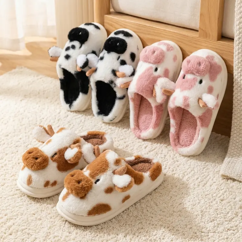Women's Cartoon Print Cotton Slippers - Round Toe, Cozy Furry, Non-Slip Grip, Casual Wear Footwear, Indoor/Outdoor Shoe Slide for Bedroom Use