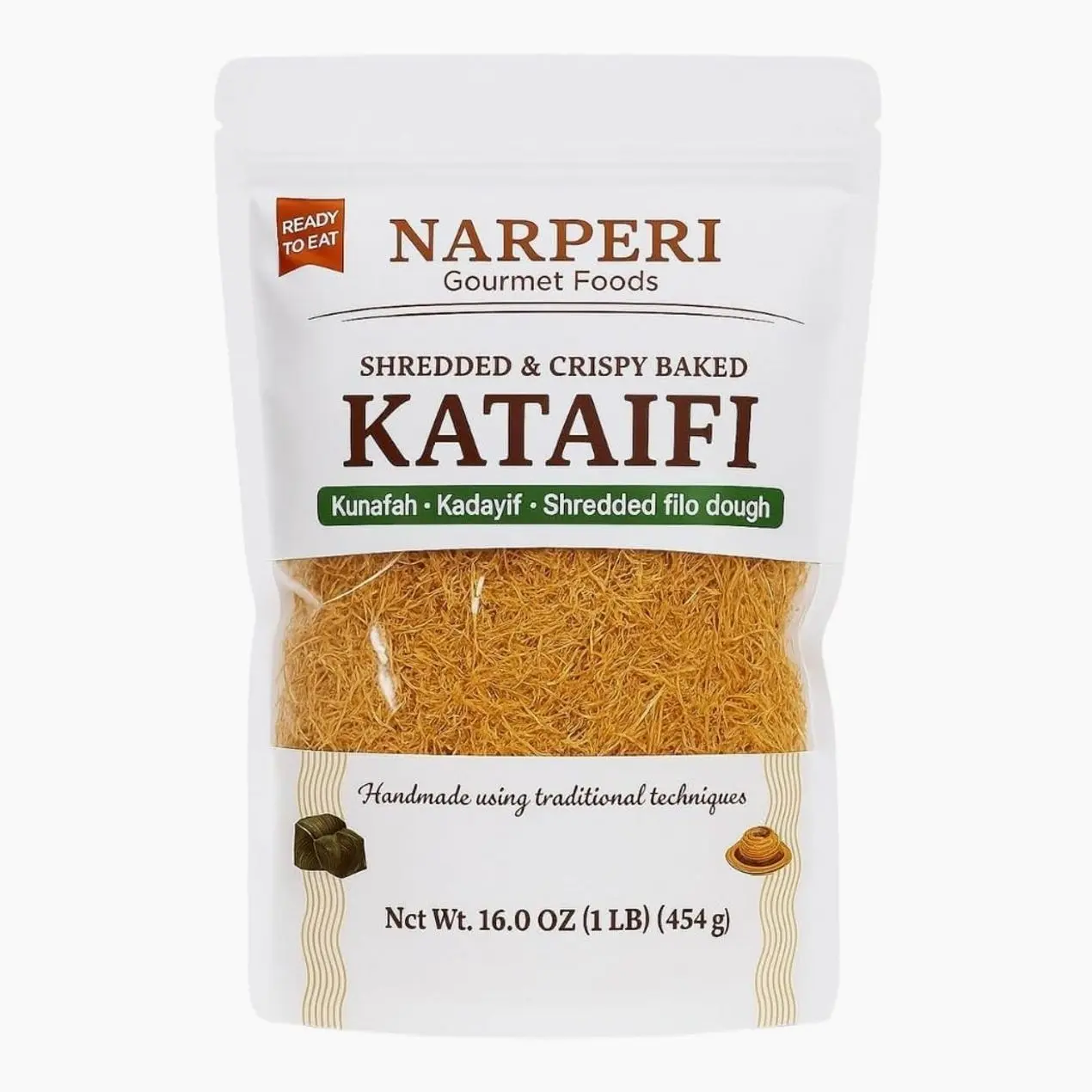Narperi Gourmet Kataifi, Shredded Crispy Filo Dough, 1 lb, Vegan, Ready-to-Eat