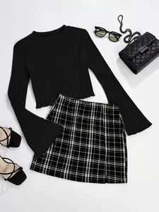 Sexy Women's Fashion Round Neck Long Sleeve Bell Sleeve Fitted T-Shirt Plaid Skirt Matching Set, Stylish Casual