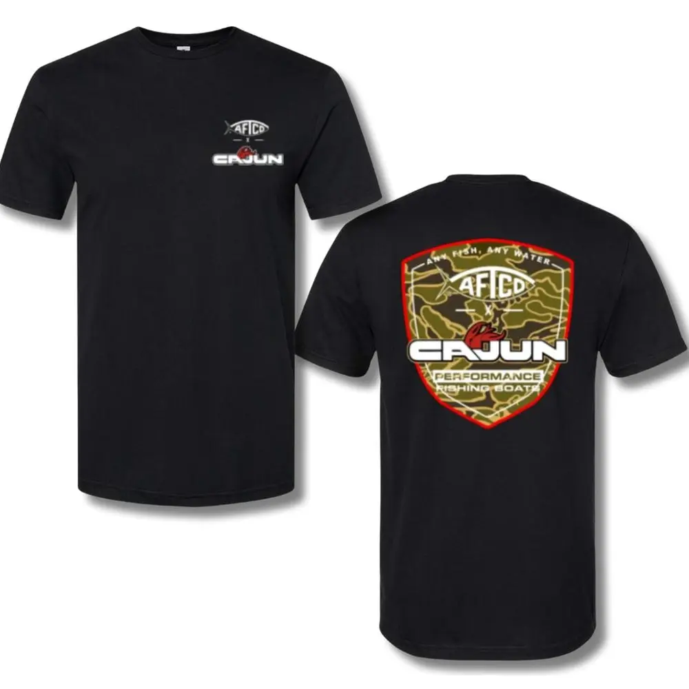 Classic AFTCO x Cajun Boats T-Shirt – Performance Fishing Tee with Camo Shield Logo, Outdoor Shirt for Anglers & Boating Lifestyle Fans, 2 Sides. - Ready to Ship