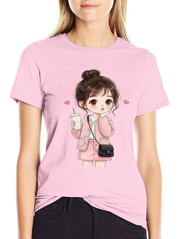 Women's Cotton Short Sleeve Fitted Tee - Cute Girl Bun, Coffee Cup, Hearts Print Tshirt, Breathable Essential Fabric, Minimalist Coffee Lover Halloween Casual Soft Piece Top