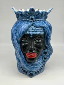 END OF SERIES - Moorish Heads Afro Woman Ceramic Caltagirone cm H.35 L.23 Handcrafted Blue Turban