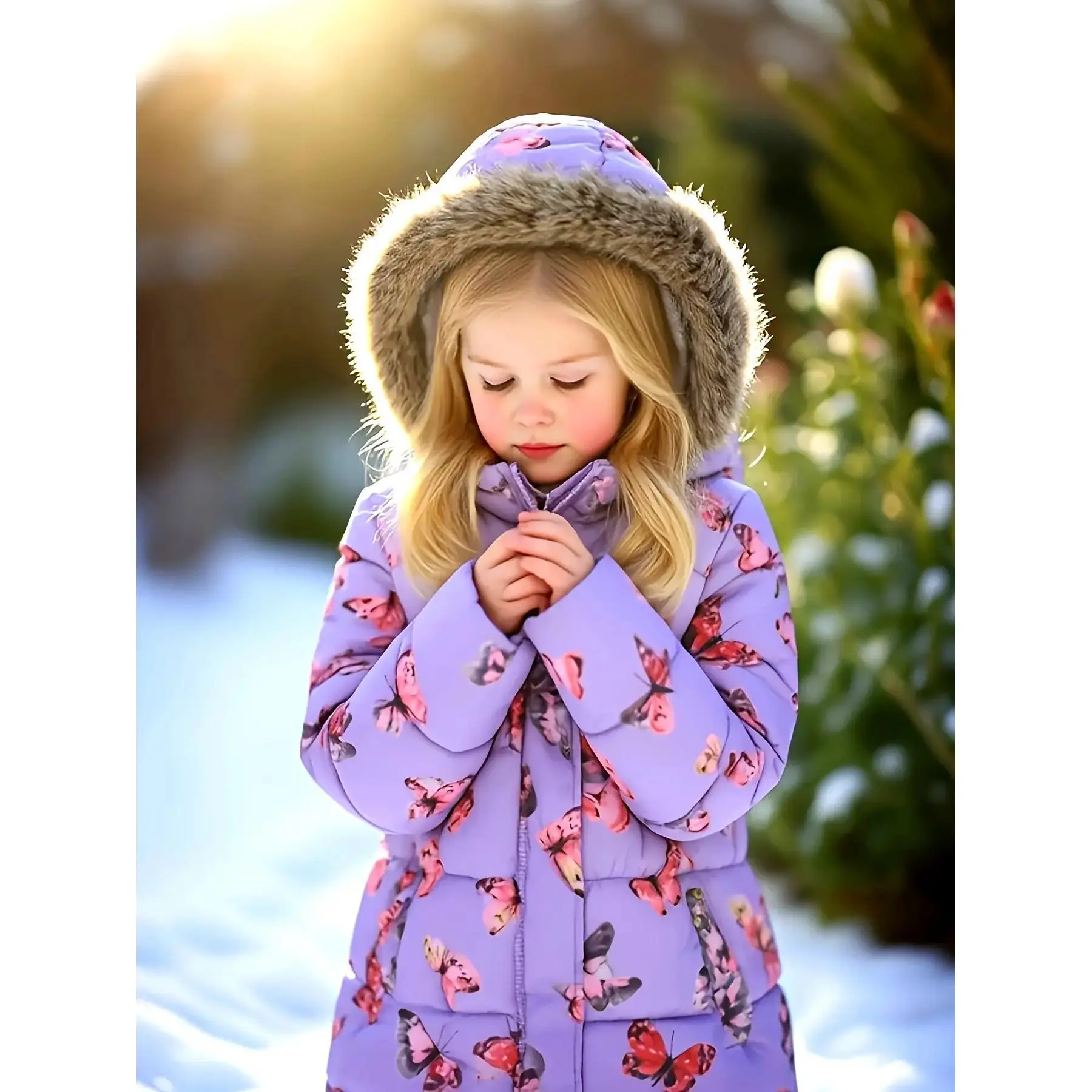 Girls' Thickened Fleece A-line Parka Coat - Hooded Long Sleeve Outerwear with Pockets, Kids Streetwear for 4-5y,5-6y,7-8y,11-12y Ages