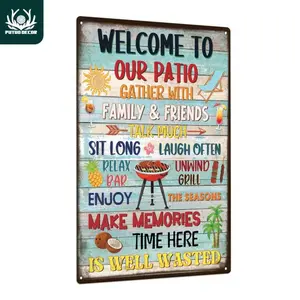 Welcome To Our Patio Vintage Rustic Farmhouse Design Metal Sign, Family Gathering Wall Art for Home Backyard Terrace BBQ Area Decor, Wall Decor for Home Living Room Bedroom, Vintage Garage Signs