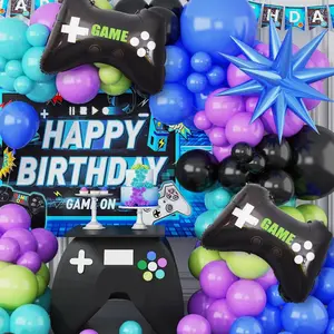 120Pcs Video Game Balloon Arch Kit, Blue Purple Green Black Party Balloons With 2Pcs Game Handle Foil Balloons 4D Blue Star For Video Game Theme Birthday Party Boys Night Decor