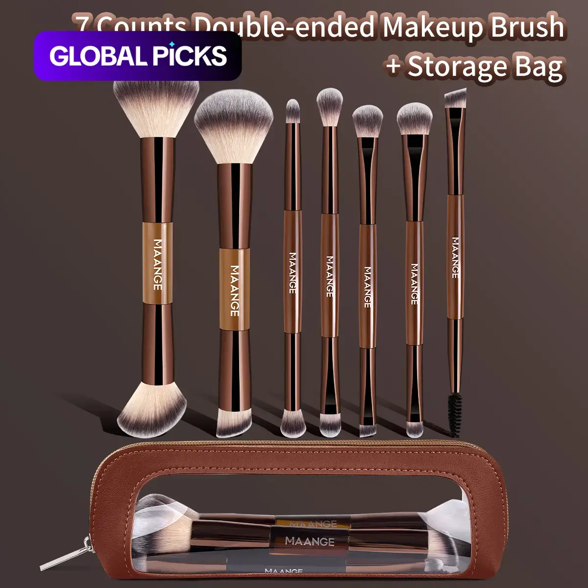 MAANGE 7 Pcs/Set Double-Ended Makeup Brush Set with Cosmetic Bag, Beauty Brush Set Including Foundation, Blush, Contour, Concealer and Eyeshadow Brushes, Dual-Ended Cosmetic Brushes for Foundation Blending #GLOBAL PICKS
