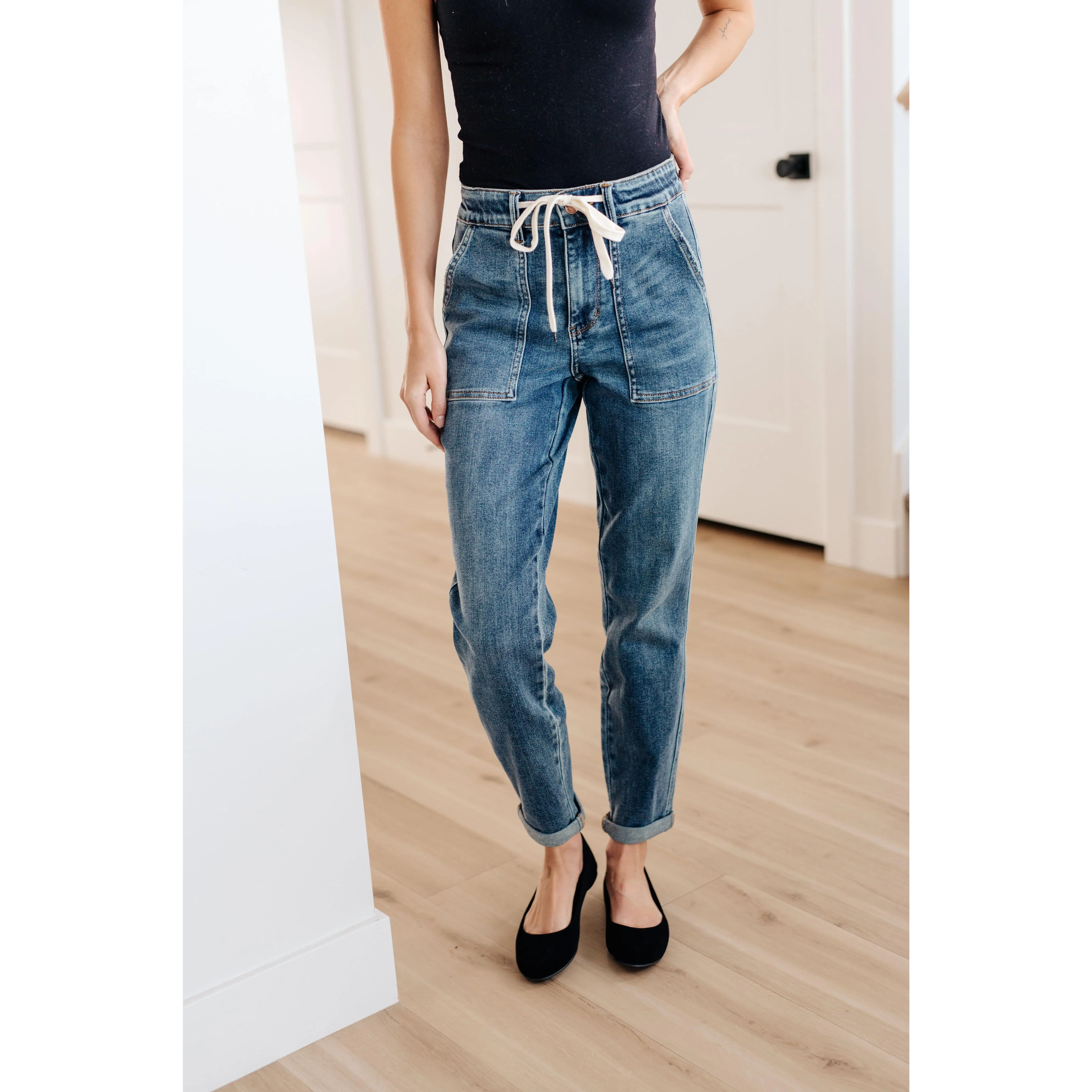 Payton Pull On Denim Joggers in Medium Wash by Judy Blue Jean Comfort Bottom Cuffed Drawstring