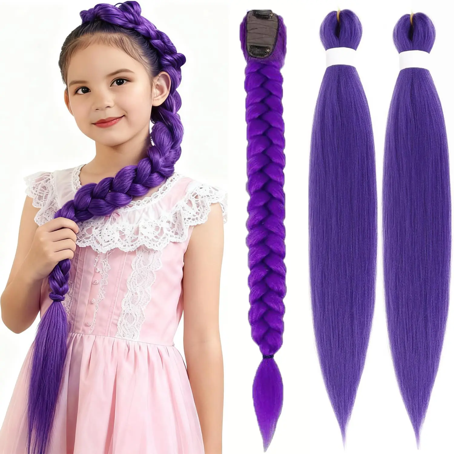 3 PCS 26 inch Long Purple Braid Ponytail Pre Stretched Synthetic Hair Extensions for Braids Easy Clip in Ponytail for Cosplay Halloween Costume stage party