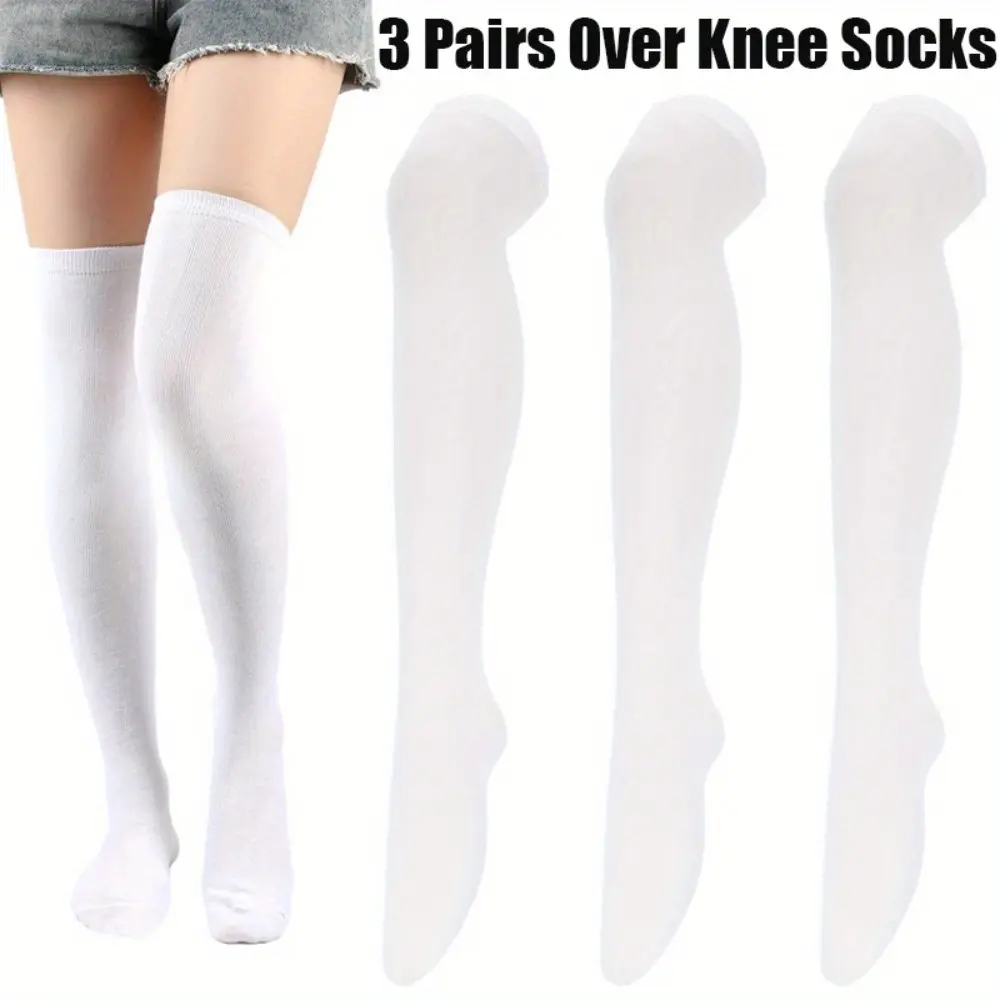 Women's Soft Cotton Breathable Lightweight Solid White Over-Knee Thigh High Socks - Pack of 3, Warm Fashion Apparel for Girls, Lady, Everyday & Cosplay Use, Wrap Design Stockings, Birthday, Valentines Day, Mother's Day, Role Play, Everyday Life, Super Sof