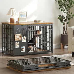 Foldable Dog Crate Furniture, Dog Crate with DIY Frame, Heavy Duty Dog Kennel Indoor with Hooks, Wooden Dog Cage End Table, for Small/Medium Dogs, Rustic Brown and Black DC95BR