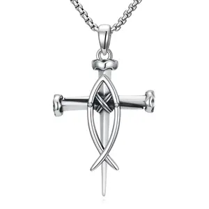 Nail Cross Necklace 925 Sterling Silver Christian Fish Pendant Necklace Christian Religious Jewelry for Men and Women