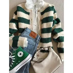 Women’s autumn–winter casual loose knit cardigan, crewneck color‑blocked striped sweater, soft and comfortable high‑end design GARMENTARY