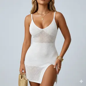 Fabulady Cover Up Dress for Summer, Hollow Out Split Cami Dress, Crochet Casual V Neck Sleeveless Clothes for Holiday Vacation Bathing High Slit Coverup Beach Dress