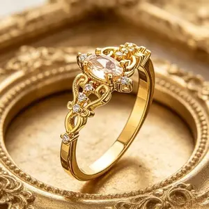 Vintage Gold Tone Engagement Ring, Marquise Cut Zirconia Filigree Promise Ring for Women, Elegant Statement Jewelry Gift